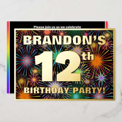 12th Birthday Party  Fun Colorful Fireworks Look Foil Invitation