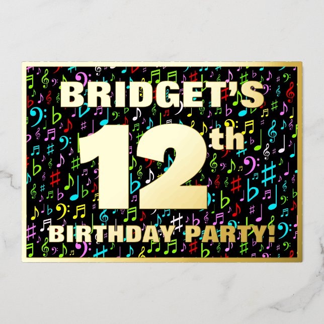 12th Birthday Party — Fun, Colorful Music Symbols Foil Invitation (Front)