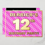 [ Thumbnail: 12th Birthday Party — Fun Pink Hearts and Stripes Invitation ]