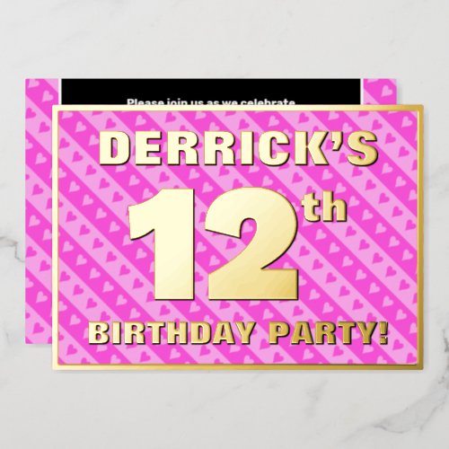 12th Birthday Party  Fun Pink Hearts and Stripes Foil Invitation