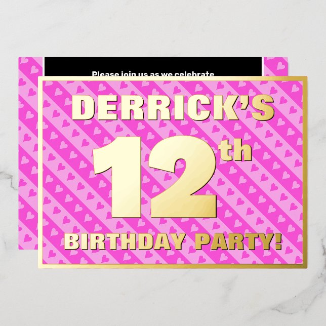 12th Birthday Party — Fun Pink Hearts and Stripes Foil Invitation (Front/Back)