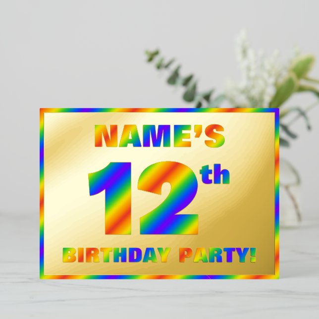 12th Birthday Party — Fun, Rainbow Spectrum “12” Foil Invitation (Standing Front)