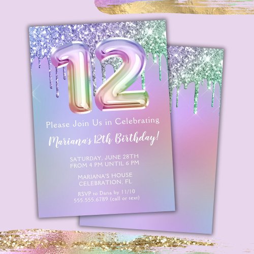 12th Birthday Party Invitation Purple Pink Glitter