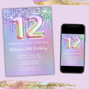 12th Birthday Party Invitation Purple Pink Glitter