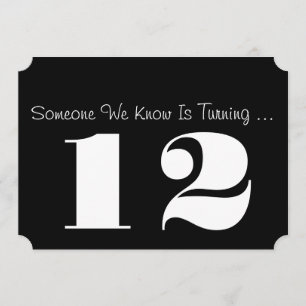 12th Birthday party Invite, black and white. Invitation