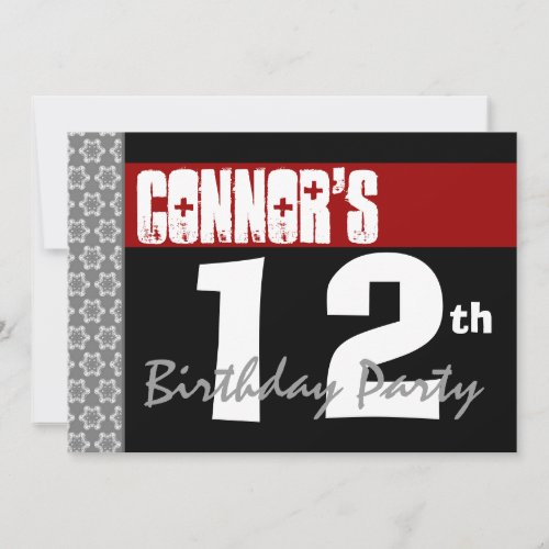 12th Birthday Party Modern Red Black and White Custom Announcement