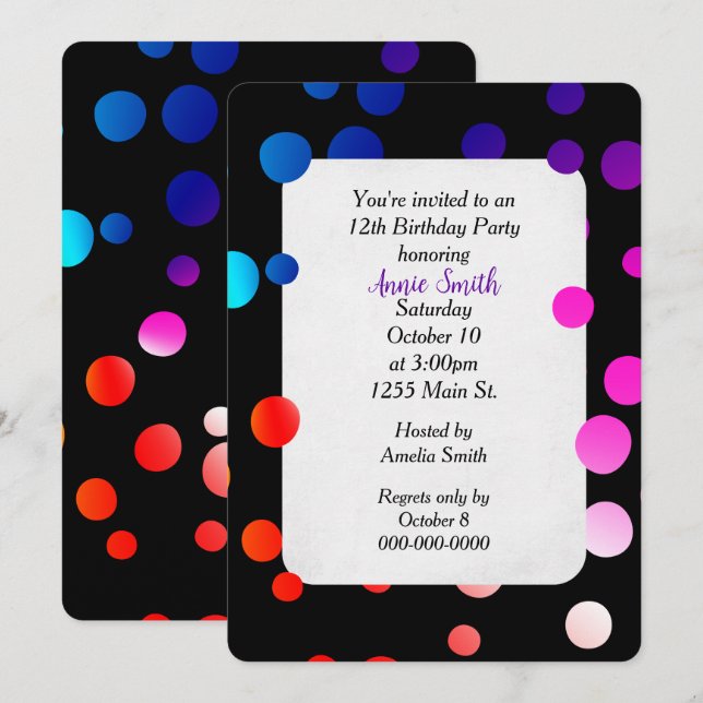 12th Birthday Party Rainbow Dots  Invitation (Front/Back)