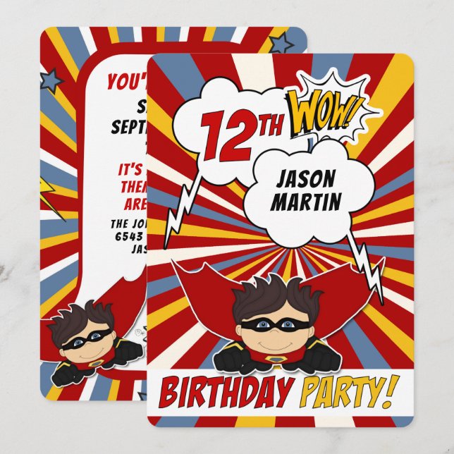 12th Birthday Party Superhero Red Comic for Boys Invitation (Front/Back)