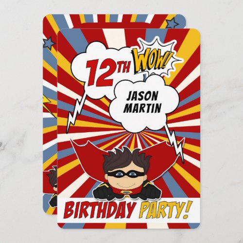 12th Birthday Party Superhero Red Comic for Boys Invitation