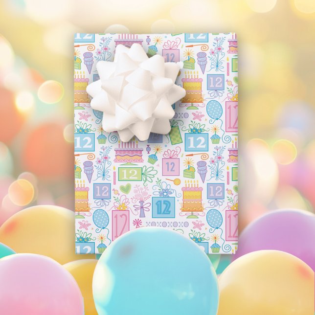 12th Birthday Pastel Pink Cake Presents Balloons  Wrapping Paper Sheets (Creator Uploaded)