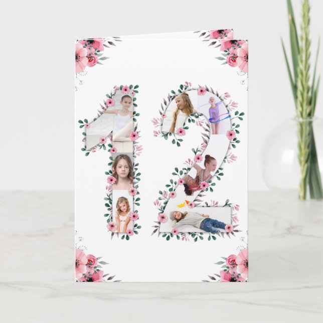 12th Birthday Photo Collage Girl Pink Flower White Card (Front)