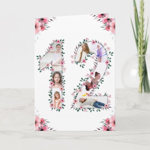 12th Birthday Photo Collage Girl Pink Flower White Card
