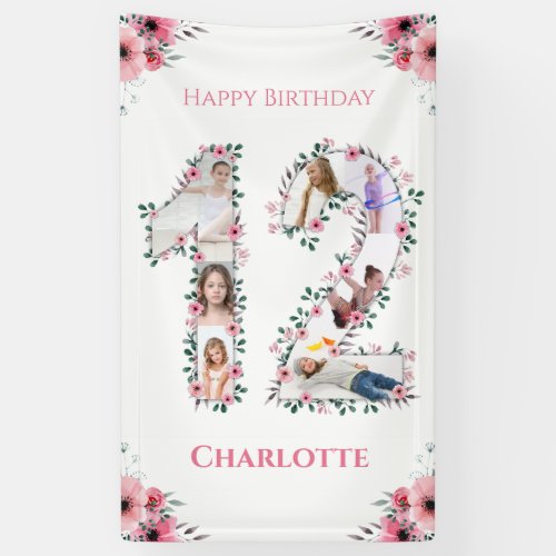 12th Birthday Photo Collage Pink Flower Girl White Banner