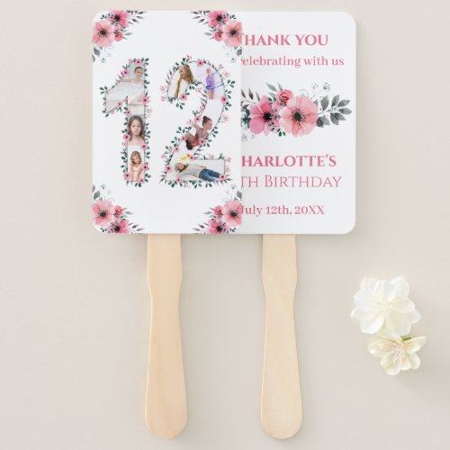 12th Birthday Photo Collage Pink Girl Flower White Hand Fan