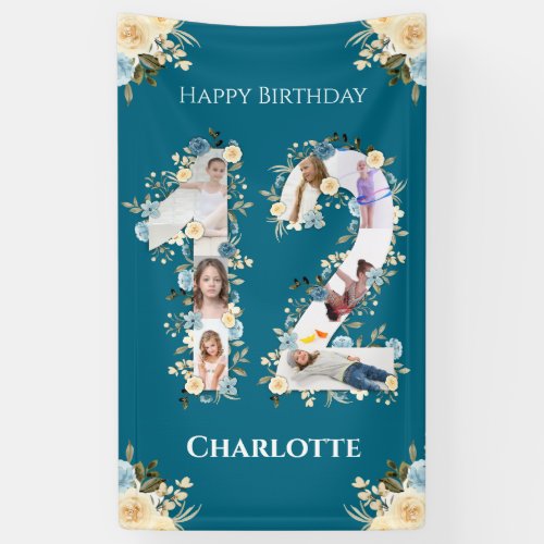 12th Birthday Photo Collage Teal Yellow Flower Banner