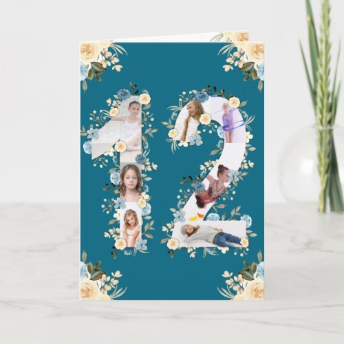 12th Birthday Photo Collage Yellow Flower Teal Card