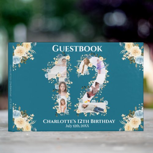 12th Birthday Photo Collage Yellow Flower Teal Guest Book