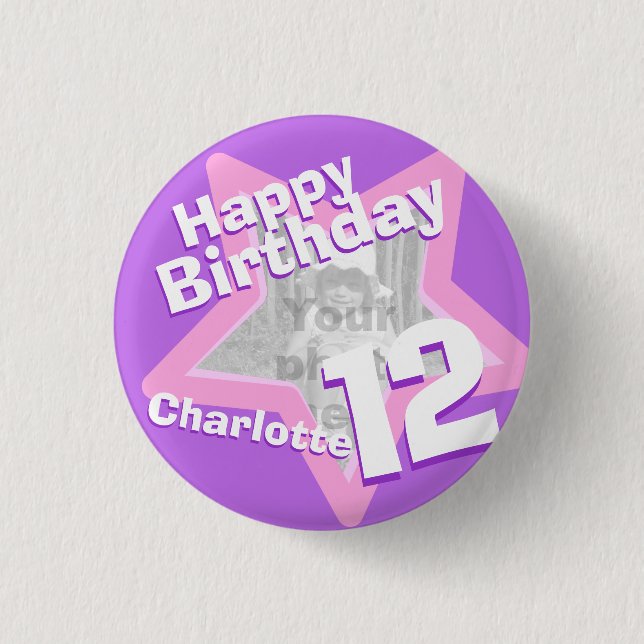 12th Birthday photo fun purple pink button/badge Pinback Button (Front)