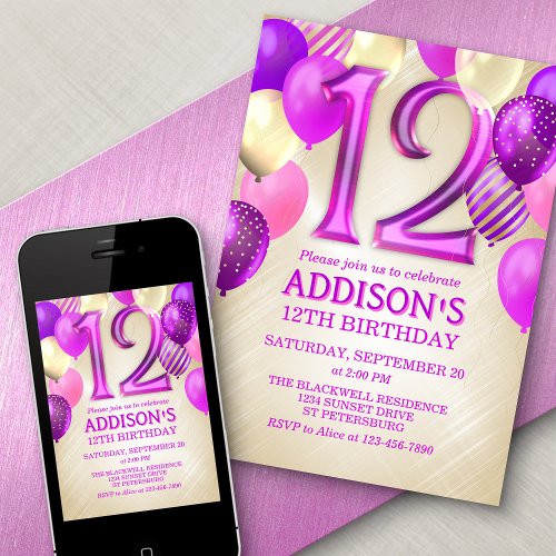 12th Birthday Pink Balloons Invitation