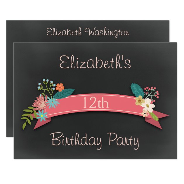12th Birthday Pink Banner Flowers Chalkboard Invitation