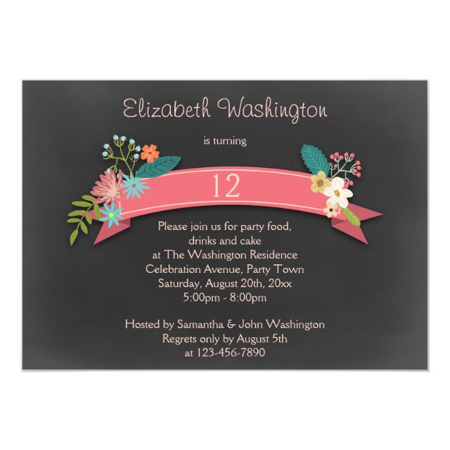 12th Birthday Pink Banner Flowers Chalkboard Invitation