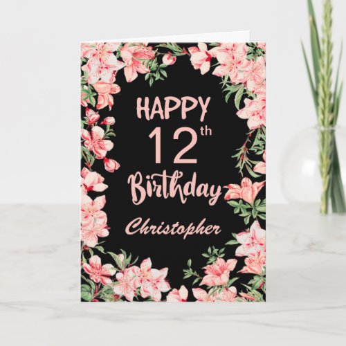 12th Birthday Pink Peach Watercolor Floral Black Card