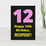 [ Thumbnail: 12th Birthday: Pink Stripes and Hearts "12" + Name Card ]