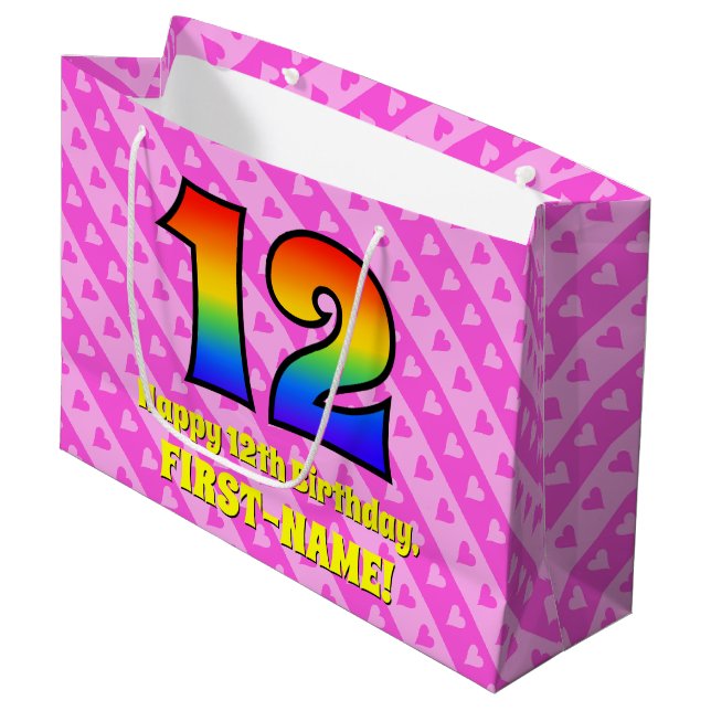 12th Birthday: Pink Stripes & Hearts, Rainbow # 12 Large Gift Bag (Front Angled)