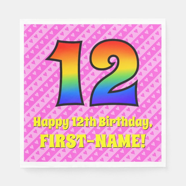12th Birthday: Pink Stripes & Hearts, Rainbow # 12 Napkins (Front)