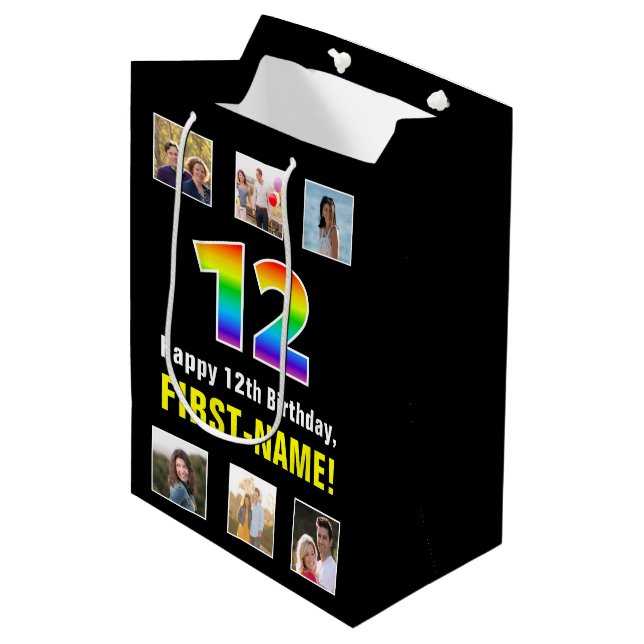 12th Birthday: Rainbow “12“, Custom Photos & Name Medium Gift Bag (Front Angled)