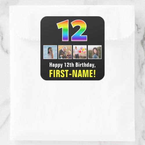 12th Birthday Rainbow 12 Custom Photos  Name Square Sticker