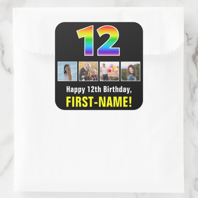 12th Birthday: Rainbow “12”; Custom Photos & Name Square Sticker (Bag)