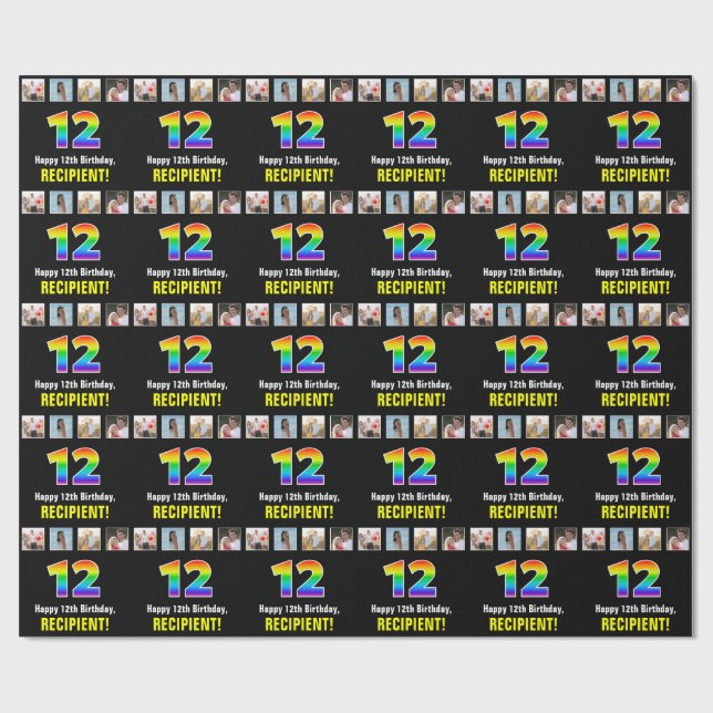 12th Birthday: Rainbow “12“; Custom Photos & Name Wrapping Paper (Flat)