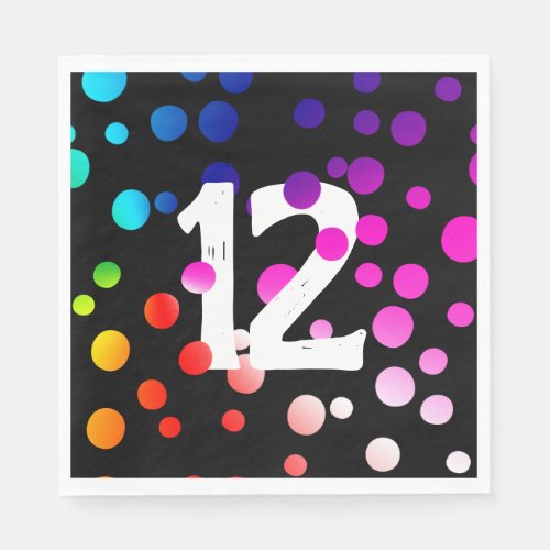 12th Birthday Rainbow Dots on Black  Napkins