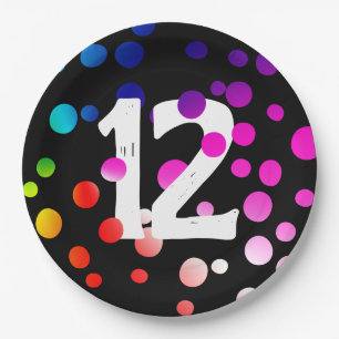 12th Birthday Rainbow Dots on Black Paper Plates