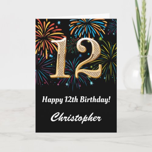 12th Birthday Rainbow Fireworks Black and Gold Card