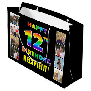 12th Birthday: Rainbow Text, Custom Photos & Name Large Gift Bag