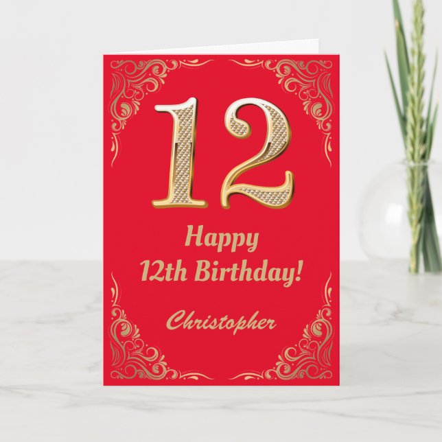 12th Birthday Red and Gold Glitter Frame Card (Front)