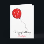 12th Birthday red balloon Card<br><div class="desc">12th birthday red balloon personalized greeting card for him.
Perfect for relatives such as parents or grandparents to give to a son or grandson who is turning twelve or for family friends to give to a boy.  
The name shown,  inside message and age can all be customized as desired.</div>