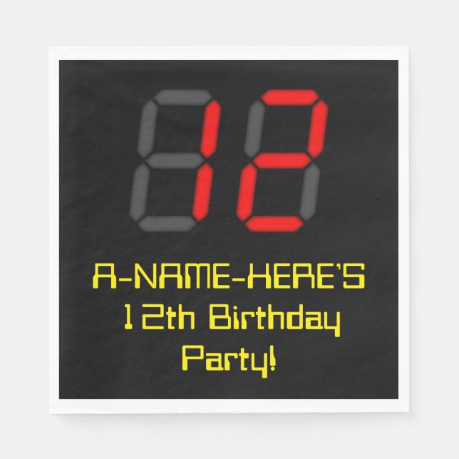 12th Birthday: Red Digital Clock Style "12" + Name Napkins (Front)