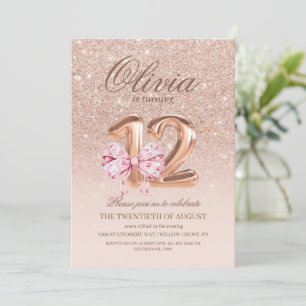 12th Birthday Rose Pink Gold Bow Birthday Party Invitation