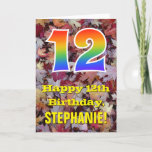 [ Thumbnail: 12th Birthday; Rustic Autumn Leaves; Rainbow "12" Card ]