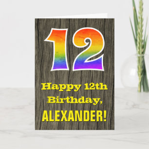 12th Birthday: Rustic Faux Wood Look, Rainbow "12" Card