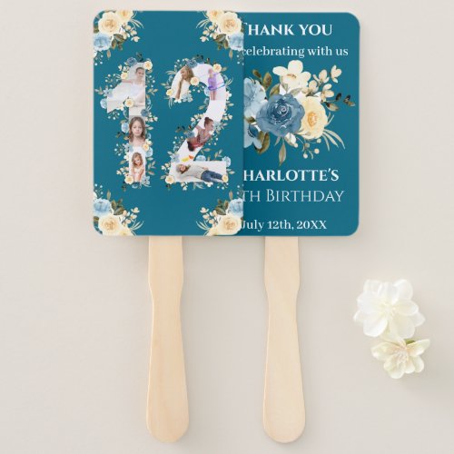 12th Birthday Teal Photo Collage Flower Yellow Hand Fan