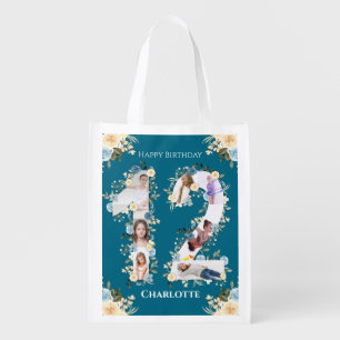 12th Birthday Teal Photo Collage Yellow Flower Grocery Bag