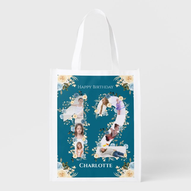 12th Birthday Teal Photo Collage Yellow Flower Grocery Bag (Front)
