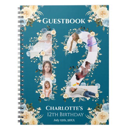 12th Birthday Teal Photo Flower Yellow Guest Book