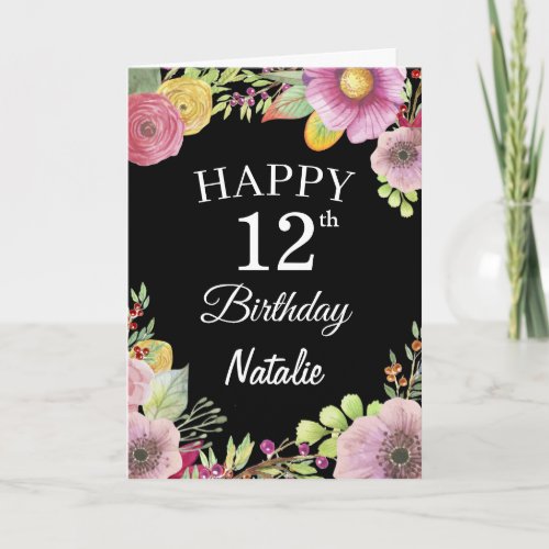 12th Birthday Watercolor Floral Flowers Black Card
