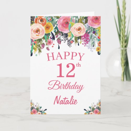 12th Birthday Watercolor Floral Flowers Pink Card