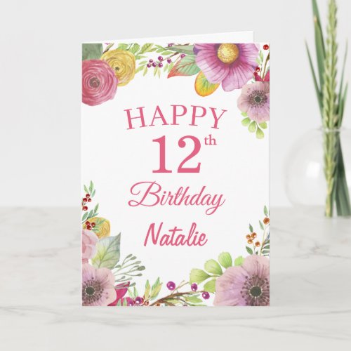 12th Birthday Watercolor Floral Flowers Pink Card